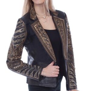 Scully Black Gold Sequin and Beaded Leather Jacket NWOT